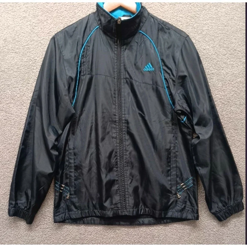 adidas Youth XXL / Men's S Windbreaker Jacket Black/Blue Mesh-Lined Zip Pockets‎